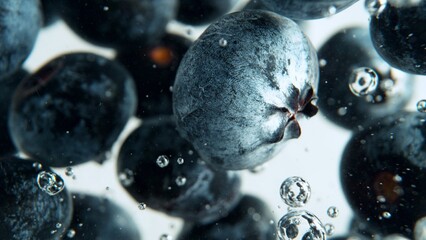 Macro shot of blueberries in the water.