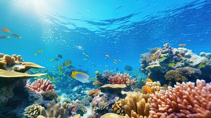 Beautiful tropical sea underwater fishes with coral reef. Panoramic underwater world.
