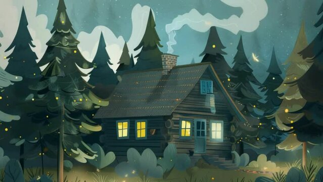A cozy cabin nestled tree in the forest,  smoke gently rising from the chimney and fireflies flickering around, cute Lofi loop anime animation.