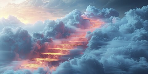 Embark on a celestial journey as you ascend a staircase to the clouds, embodying aspirations and dreams in a serene white backdrop. - obrazy, fototapety, plakaty
