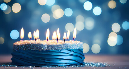 a blue birthday cake with candles - obrazy, fototapety, plakaty