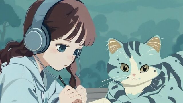 Cute anime Lofi girl with headphone studying with her cute cat rain in the background, cute Lofi loop anime video.