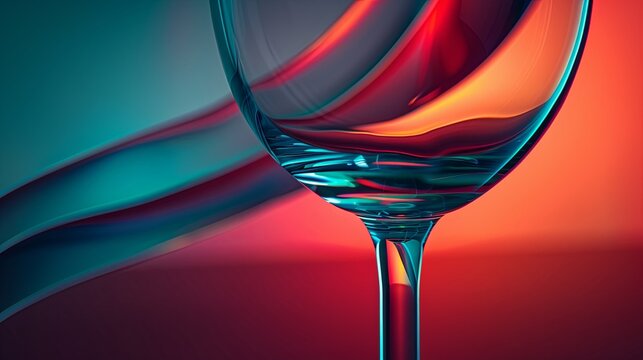 Close-up of a wine glass on a red and blue background. Glassware for serving. Illustration for cover, card, postcard, interior design, banner, poster, brochure or presentation.