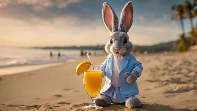  rabbit drink juice  on the beach