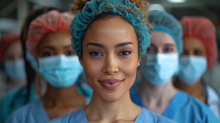 Portrait of happy african american female surgeon in operation room - obrazy, fototapety, plakaty