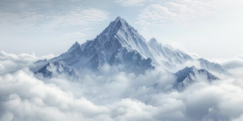 Witnessing a towering mountain summit emerging above clouds, embodying aspirations and accomplishments against a pristine white backdrop.