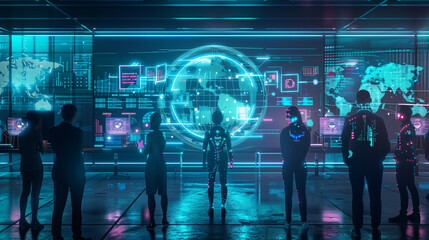 AI and human collaboration. Futuristic neon