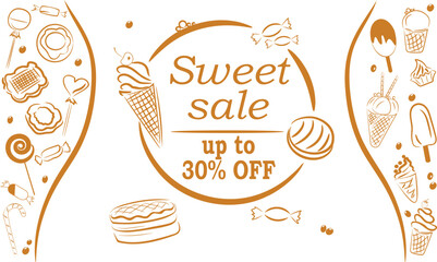 Banner with candies and cookies and inscription "sweet sale" and discounts . vector illustration. Poster with sweets and inscription about sale and discount