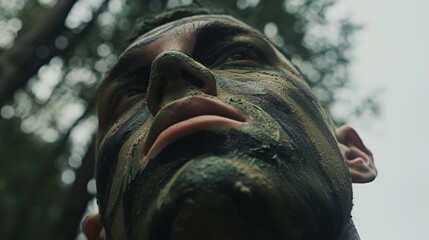 Low angle close up of a soldier putting camouflage paint on his face