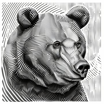 Close-up of a bear's face. Animalism. Imitation sketch print in black and white coloring. Illustration for cover, postcard, greeting card, interior design, decor or print.
