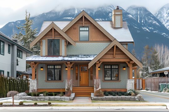A craftsman house with a light-colored exterior, standing proudly against a backdrop of snow-capped mountains.