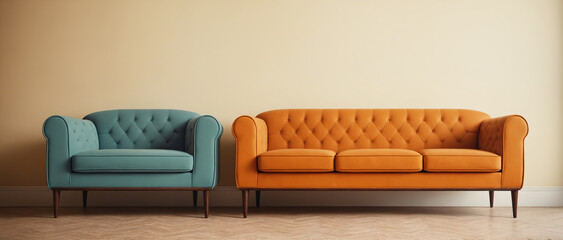 Retro colorful sofa and armchair on isolated background