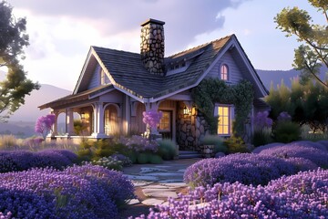 A cozy craftsman cottage exterior bathed in soft lavender hues, surrounded by fragrant lavender...
