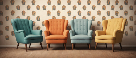 4 retro colorful armchairs in a retro room