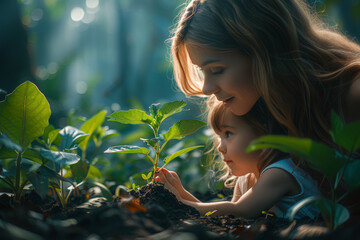 A mother teaching her child how to garden, instilling a love for nature and sustainability. Concept of maternal nurturing and environmental awareness. Generative Ai. - obrazy, fototapety, plakaty