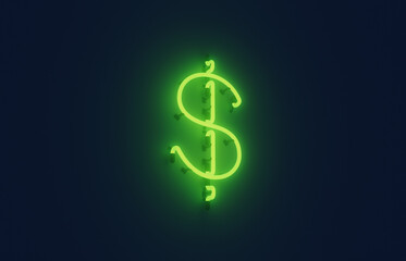 Green glowing neon dollar sign on a dark matte background. 3D rendering. Neon US dollar with a bright glow.