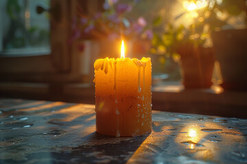 A glowing candle casting a warm light, symbolizing maternal presence and guidance. Concept of maternal warmth. Generative Ai.