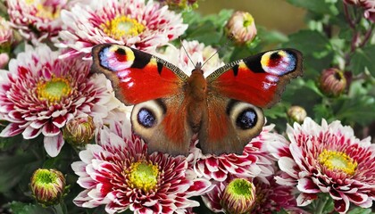 Wings of Scarlet: Peacock Butterfly Adding Splendor to Chrysanthemum Garden