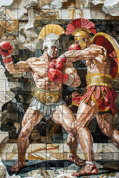 Boxing match in the image of Greek heroes, concept poster about the spirit of fight and camaraderie, vertical poster for the Summer Olympic Games