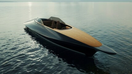 Sleek Wooden Speedboat Gliding on Calm Waters at Dusk