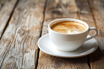 a cup of coffee on a wooden background