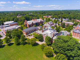 Academy Building of Phillips Exeter Academy aerial view in historic town center of Exeter, New Hampshire NH, USA. This building is the main building of the campus.  - obrazy, fototapety, plakaty