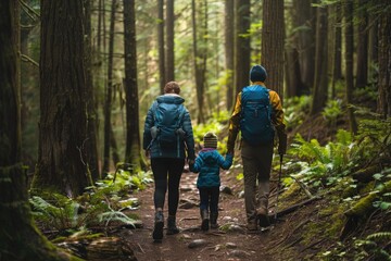 Naklejka na ściany i meble family going hiking together walking along a forest trail