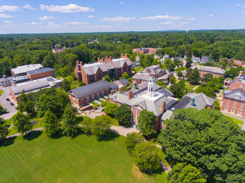 Academy Building of Phillips Exeter Academy aerial view in historic town center of Exeter, New Hampshire NH, USA. This building is the main building of the campus. 