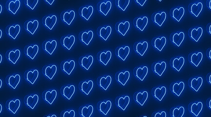 Blue glowing neon hearts on a reflected background. 3D rendering. Repeating neon heart with a bright glow in the night. Banner on St. Valentine's Day with heart-shaped neon.	