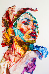 Watercolor drawing of a beautiful woman trying to assemble herself from scattered pieces, a vertical portrait in the form of a palimpsest made of multi-colored paper and cardboard.