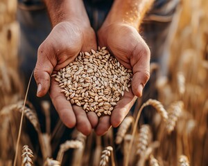 person's hand holding a bunch of wheat grains with a distinct texture. The individual is dressed in dark-colored clothing, and the background features a golden wheat field illuminated by the sunlight - Powered by Adobe