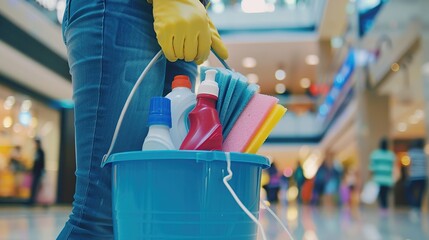 a close-up of a person holding a blue bucket filled with various cleaning supplies. Blurred indoor shopping mall or a public space.