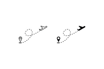 Plane track to point with dashed line way or air lines, airplane icon on white background - obrazy, fototapety, plakaty