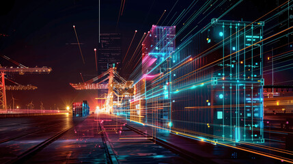 a digital logistic, IBM style, dark background, colorfoul foreground