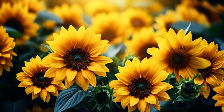 Sunflowers with green leaves on bokeh background. Copy space