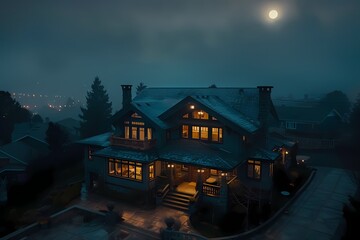 Fototapeta na wymiar A bird's-eye perspective capturing the elegance of a traditional craftsman house exterior in deep mahogany, illuminated by moonlight.
