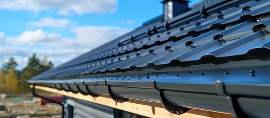 Metal gutters for the roof of a house background. Rainwater drainage using a gutter system.