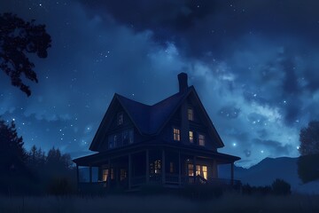 A craftsman house with a dark exterior, bathed in soft moonlight and surrounded by a starry night sky.