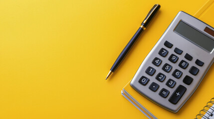 Calculator, Pen, and Notebook on Yellow Background