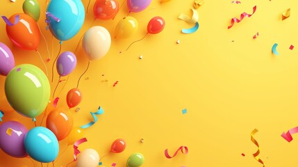 Happy Birthday greetings banner template with blank space for text, bright colors, minimalistic flat style with yellow background	