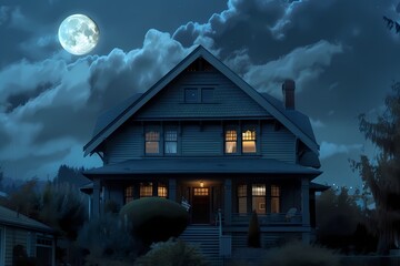 A striking craftsman house exterior painted in deep midnight blue, contrasting against the moonlit sky.