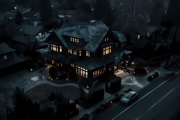 From above, a dramatic craftsman bungalow facade adorned with deep onyx black, exuding a sense of mystery in the darkness of the night. - obrazy, fototapety, plakaty