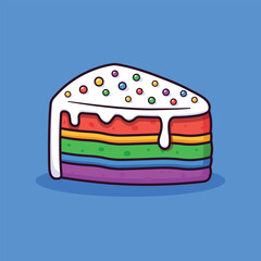 Rainbow cake slice with candy sprinkles and white cream coating, cake cartoon vector illustration