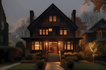 A majestic craftsman-style house facade enveloped in dark chocolate brown, illuminated by the city...