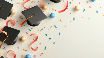 3D rendered festive graduation backdrop with caps, ribbons, and balloons on light background, postcard, poster