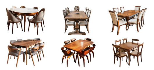 Elegant wooden dining table sets to complete your dining room's look and feel cut out on transparent background