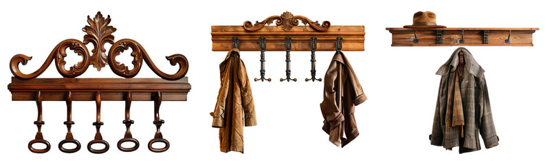 Elegant wooden wall-mounted coat racks with various ornate and rustic designs, some with coats and a hat cut out on transparent background