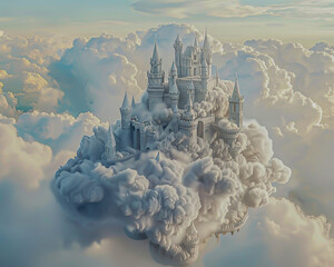 Visualize a majestic castle floating in the sky