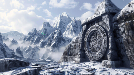 Each peak of the mountain range is adorned with ancient carvings and symbols - obrazy, fototapety, plakaty