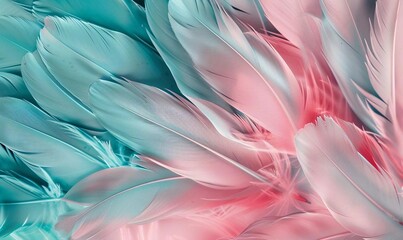 Delicate abstract background. Pink and blue pastel feathers, photo, ultramarine, minimalistic, realistic and at the same time ethereal. Blue feathers for cover, brochure, notepad, voucher, invitation.